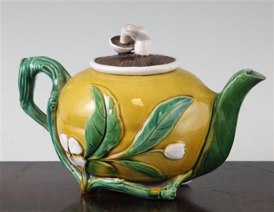 A Minton majolica teapot in the form of a lemon, 17.5cm, some faults